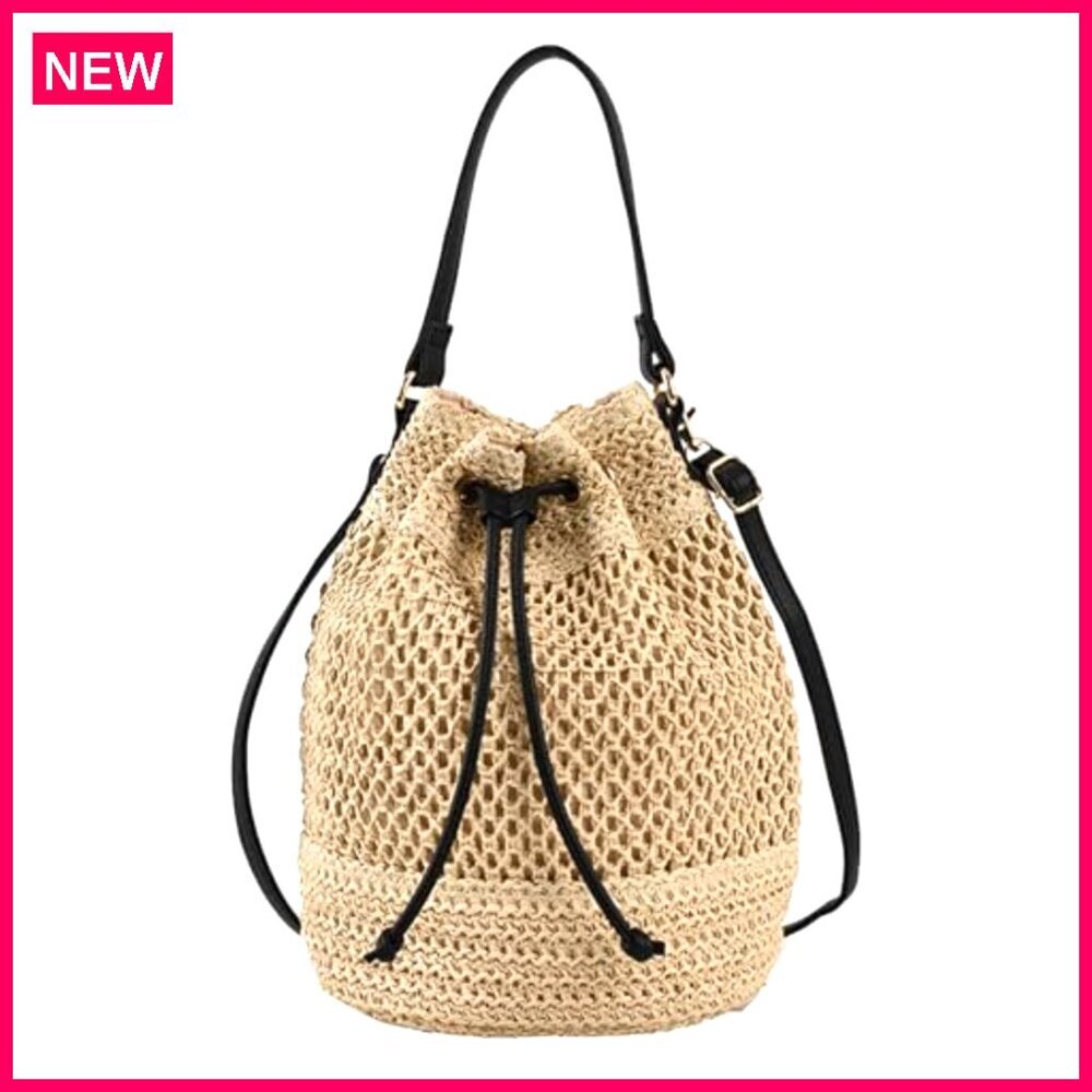 Straw Bucket Bag Woven Crossbody Hobo Drawstring Purse Beach Handbag - Picture 2 of 8